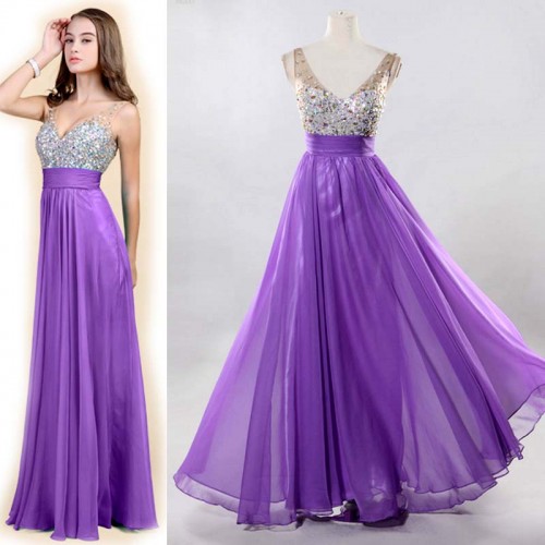 Purple V-Neck Chiffon Shimmering Dress (FREE NUBRA)